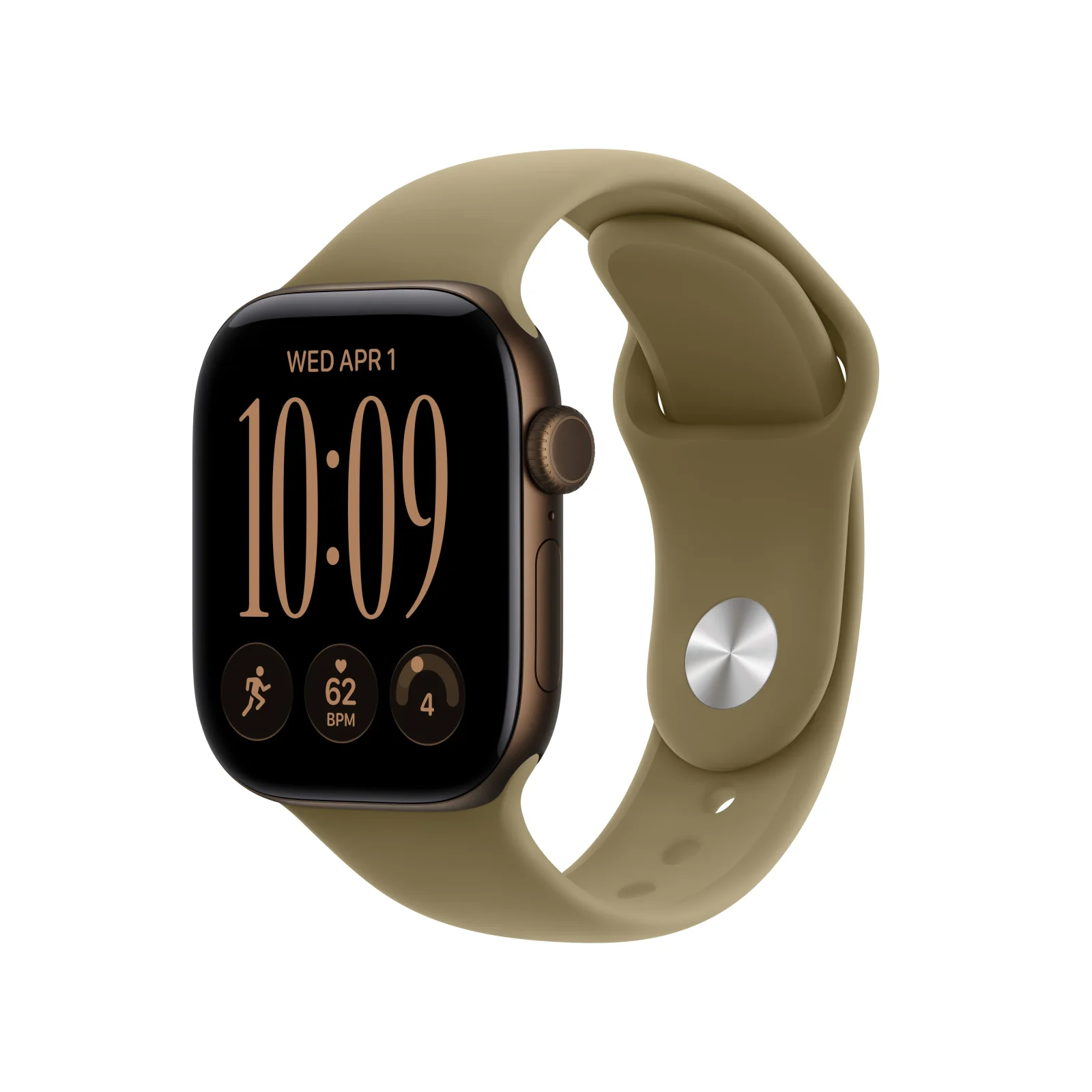 Apple Watch Series 12 GPS + Cellular, caixa em alumínio bronze escuro de 42 mm com Bracelete desportiva azeitona - S/M